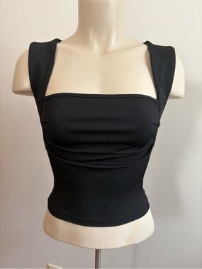 Cider Solid Black Ruched Square Neck Crop Tank Top Size XS